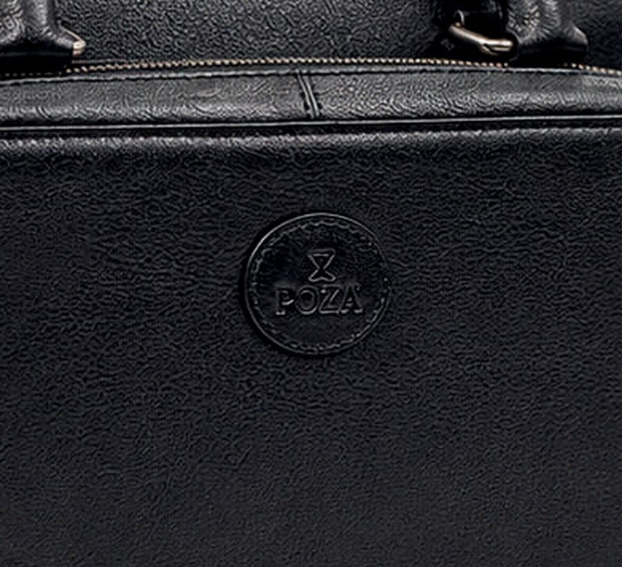 POZA logo blind-debossed on black leather