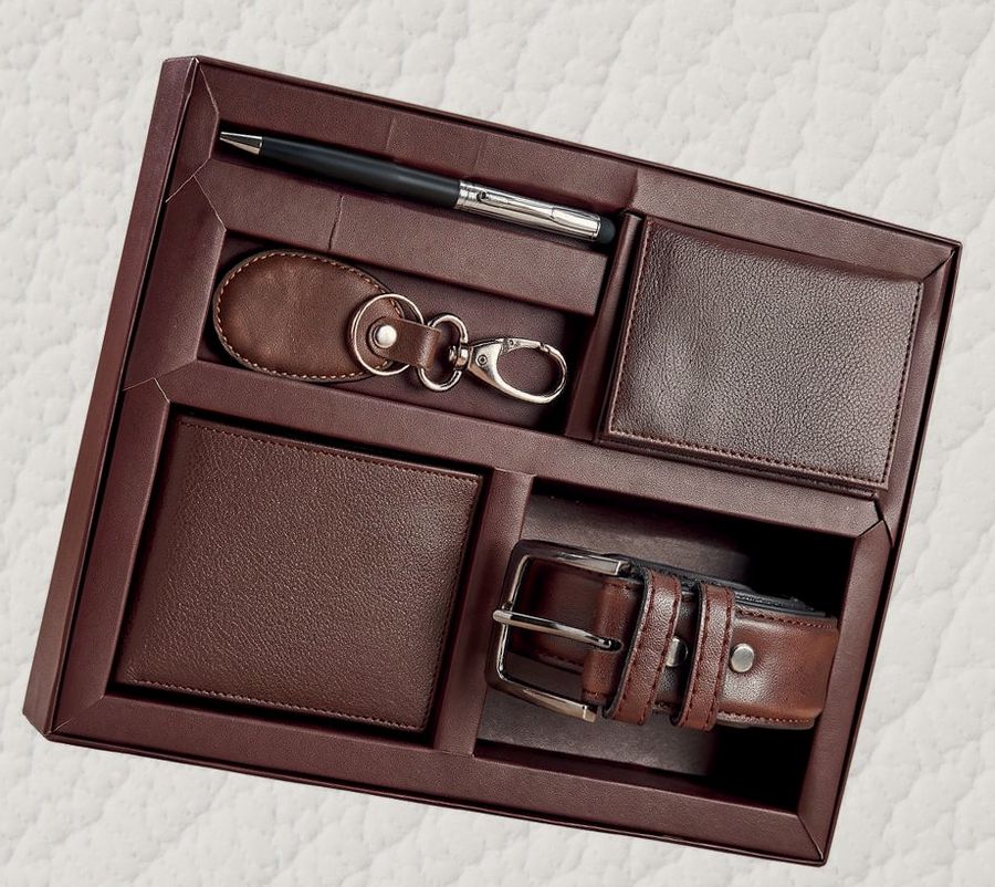 Brown leather gift box with wallet, belt, key chain and pen