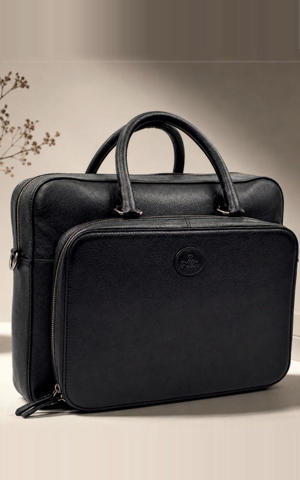 Black leather laptop briefcase with debossed logo