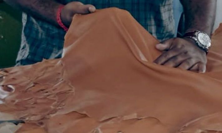 Craftsman inspecting a tan leather hide